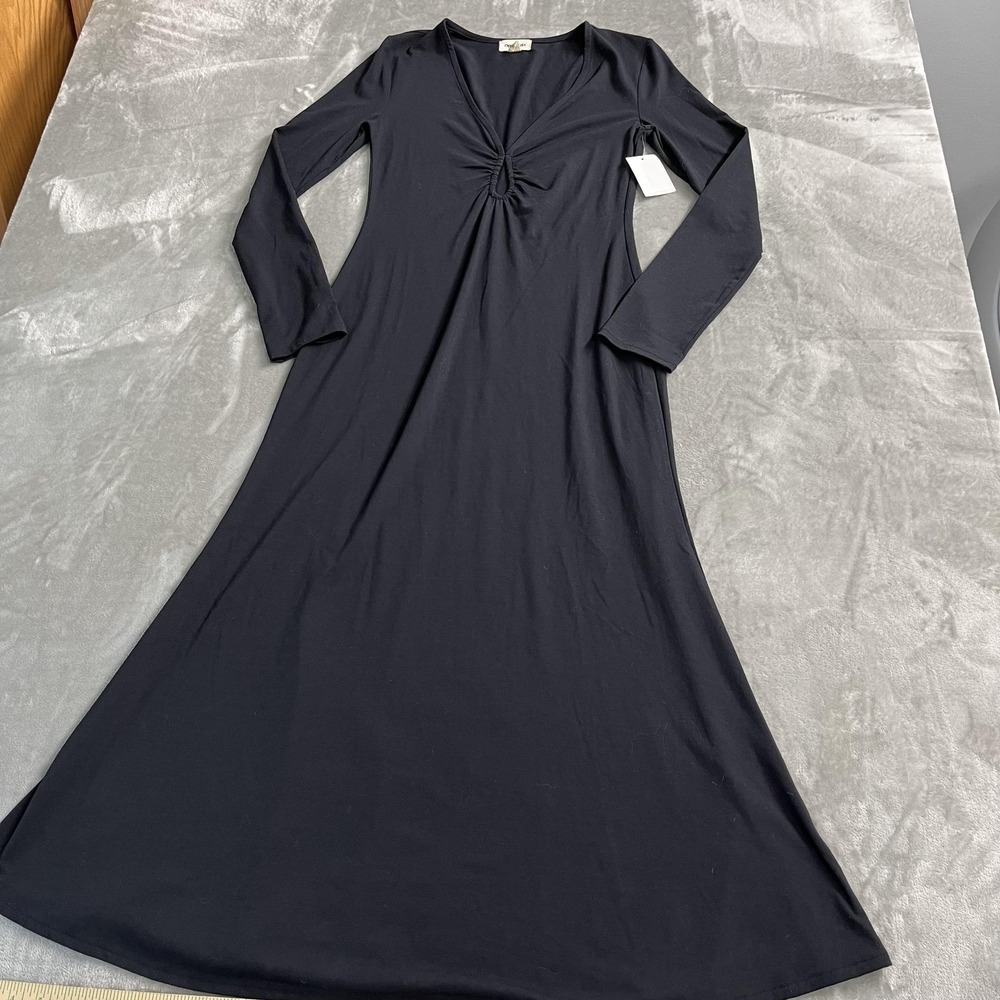 Open Edit Dress Womens Small Black Ruched V Neck Long Sleeve Jersey Maxi Casual